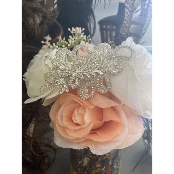 Vtg Bridal Hair Piece Brooch and Earring Set Silver Filigree Rhinestones‎ 4.5\